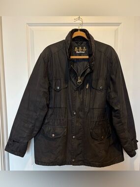 Barbour Waxed Jacket L Black Men's Sapper Field Rain Coat Classic Hood Sylkoil